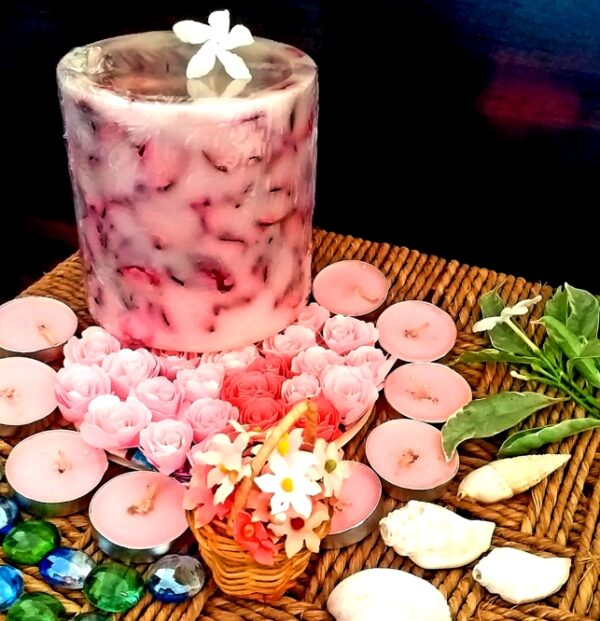 Rose Petal Candles (with set of 5 Tea-lights and a glass container)